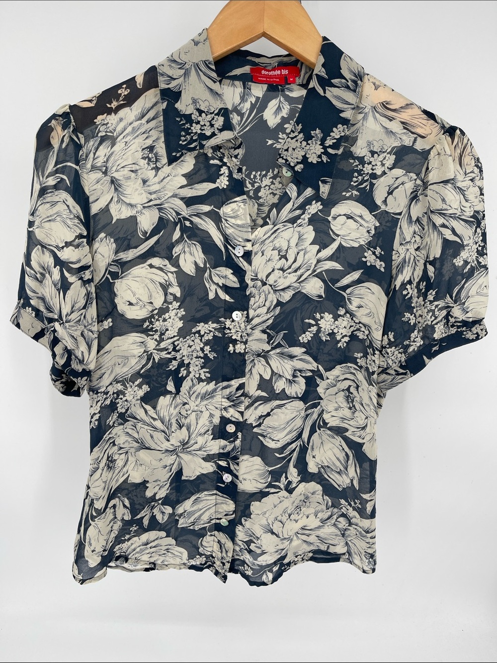 dorothee bis 100% Silk Floral Sheer Blouse Women Medium